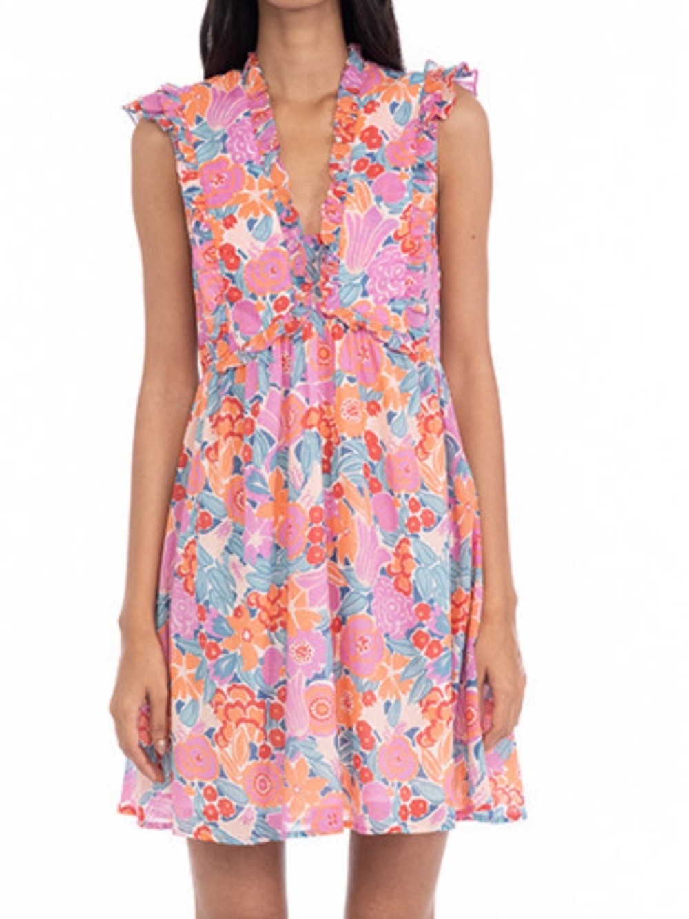 BANJANAN Ellian Folk Floral Ruffle Sleeve Dress in Magnolia Size M Cotton Boho